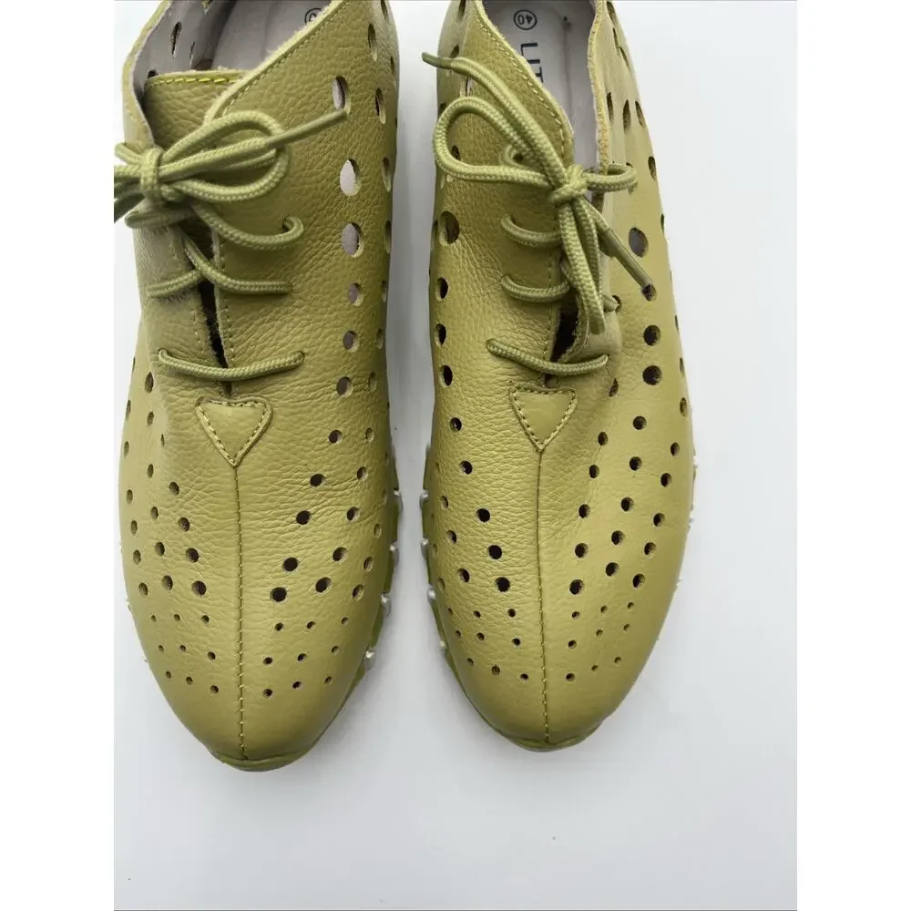 Litfoot Womens Oxford GREEN Leather Perforated Shoes Size 40 US 9-9 1/2